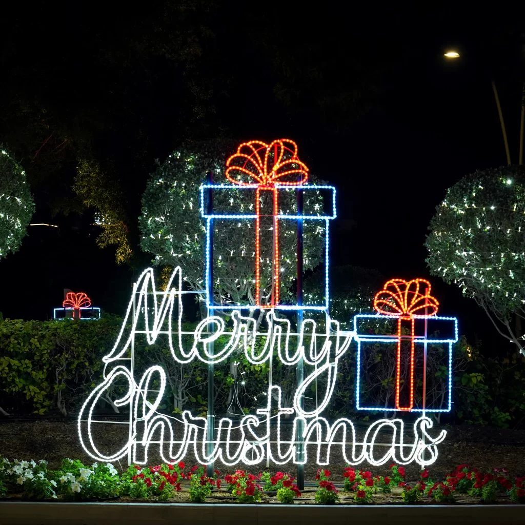 Streets adorned with festive Christmas light decorations