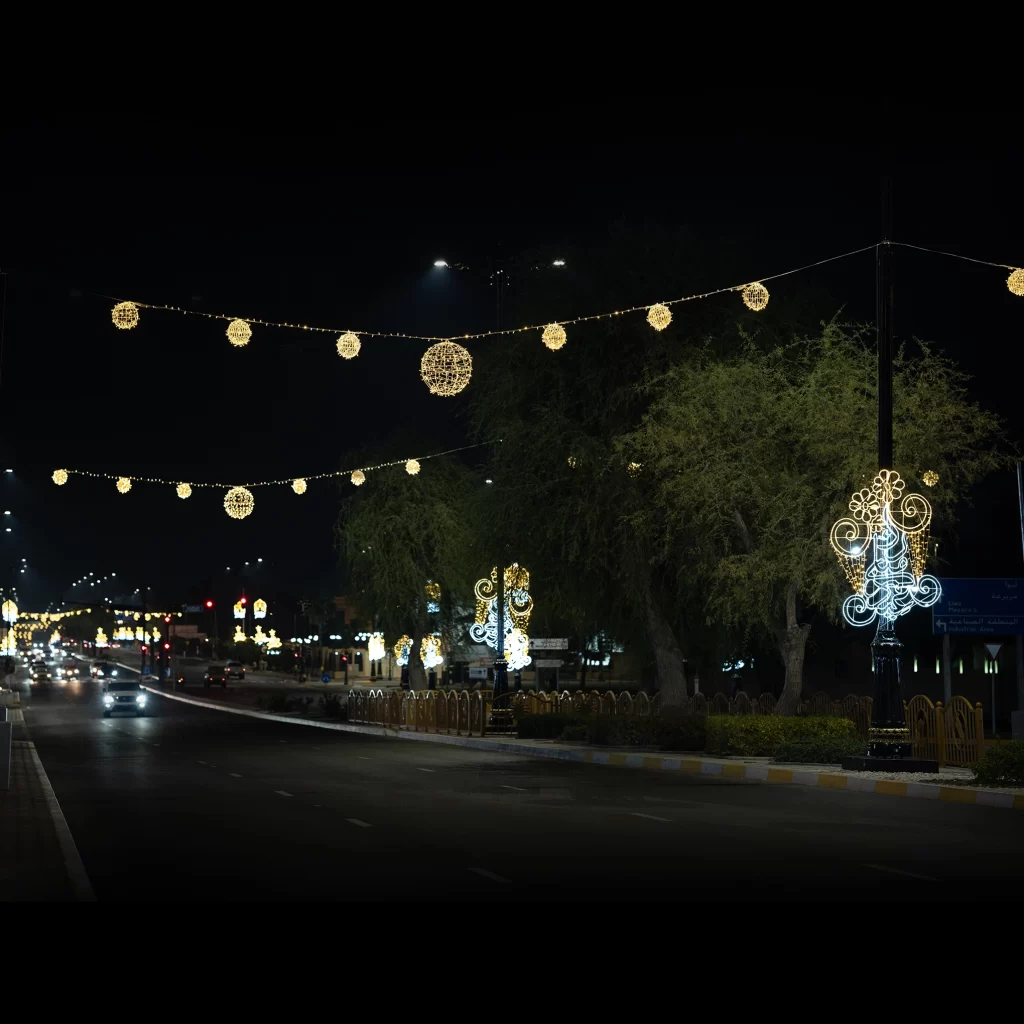 Streets adorned with vibrant Eid light decorations